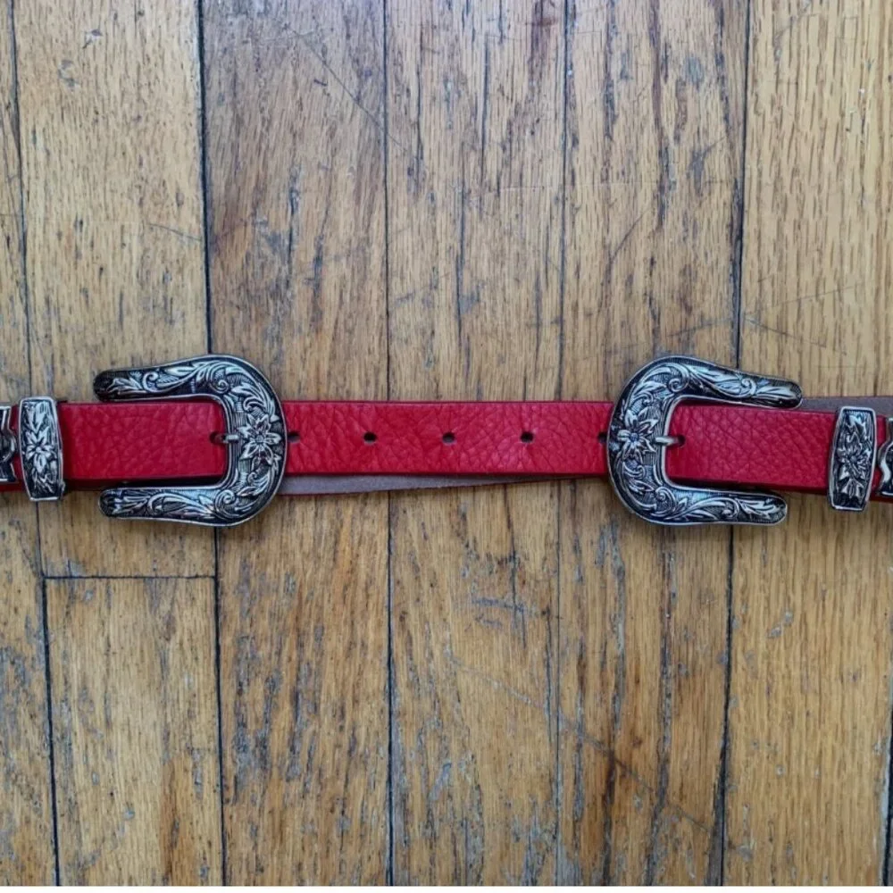 B-Low The Belt Bri Bri Red Leather Silver Western Style Double Silver Buckle - Picture 3 of 4